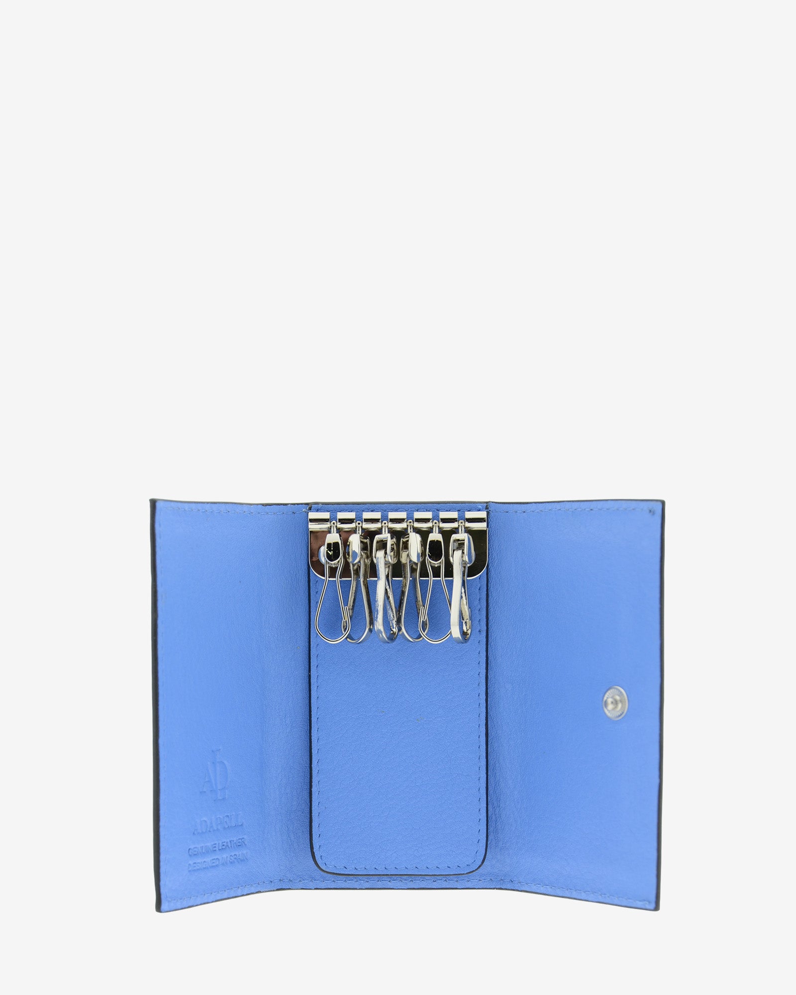 Llavero en piel auténtica de color azul, ref. 8084-14 y bordes en negro, exterior e  interior de piel, mosquetón para 6 llaves y exterior con compartimento para tarjeta, vista interior