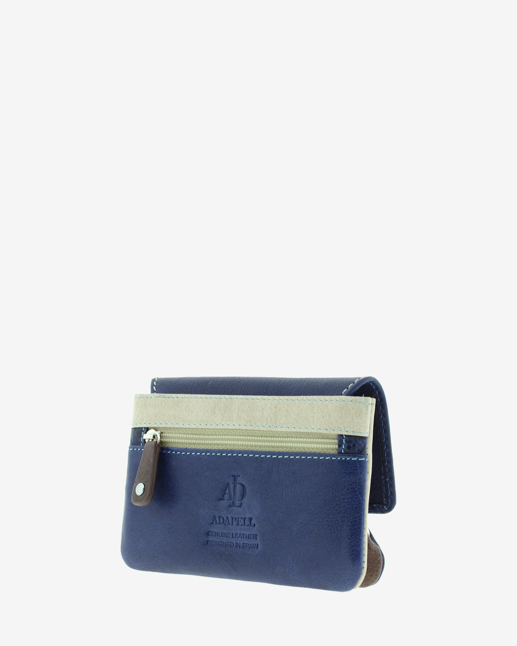 Monedero con boquilla interior Adapell 4234 en color marino, vista trasera tres cuartos con bolsillo exterior de cremallera.