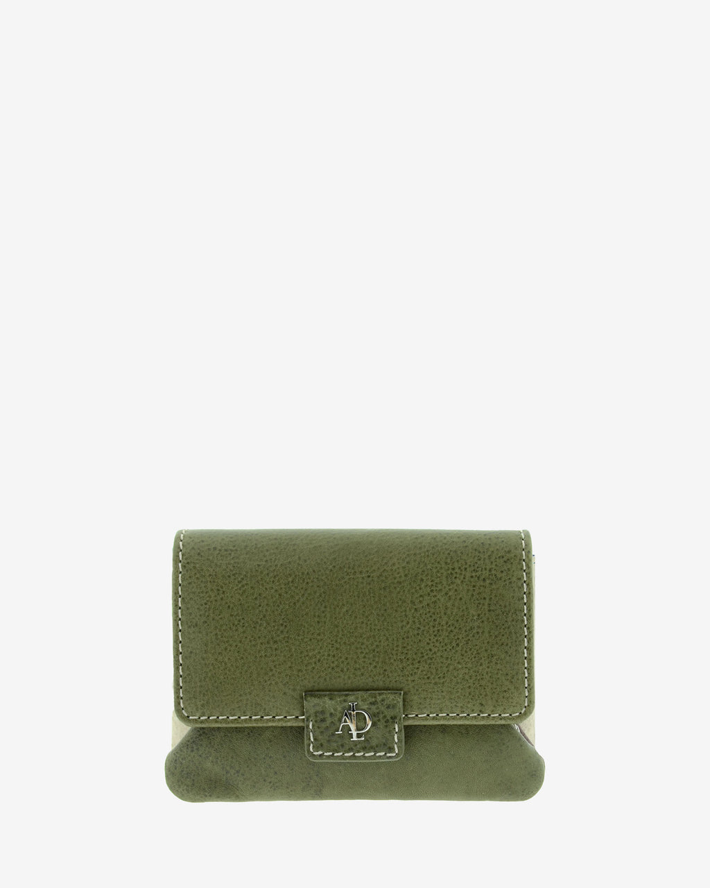 Monedero con boquilla interior Adapell 4234 en color verde, vista frontal con solapa cerrada y logo metálico.