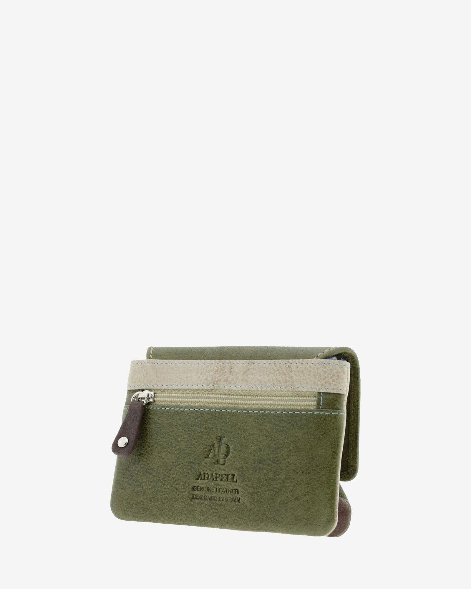 Monedero con boquilla interior Adapell 4234 en color verde, vista trasera tres cuartos con bolsillo exterior de cremallera.