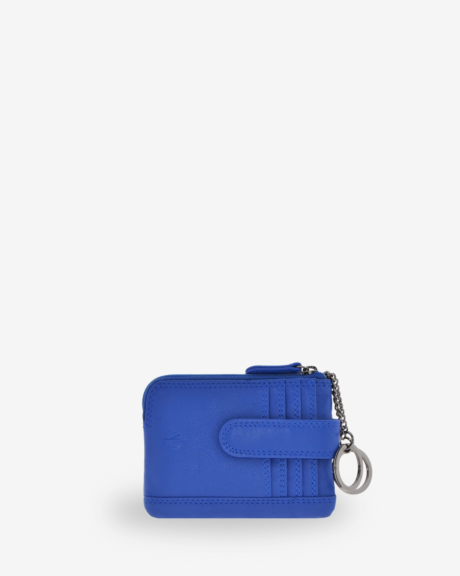 Monedero tarjetero 8036 en color azul cobalto, vista frontal con dos anillas para llaves.
