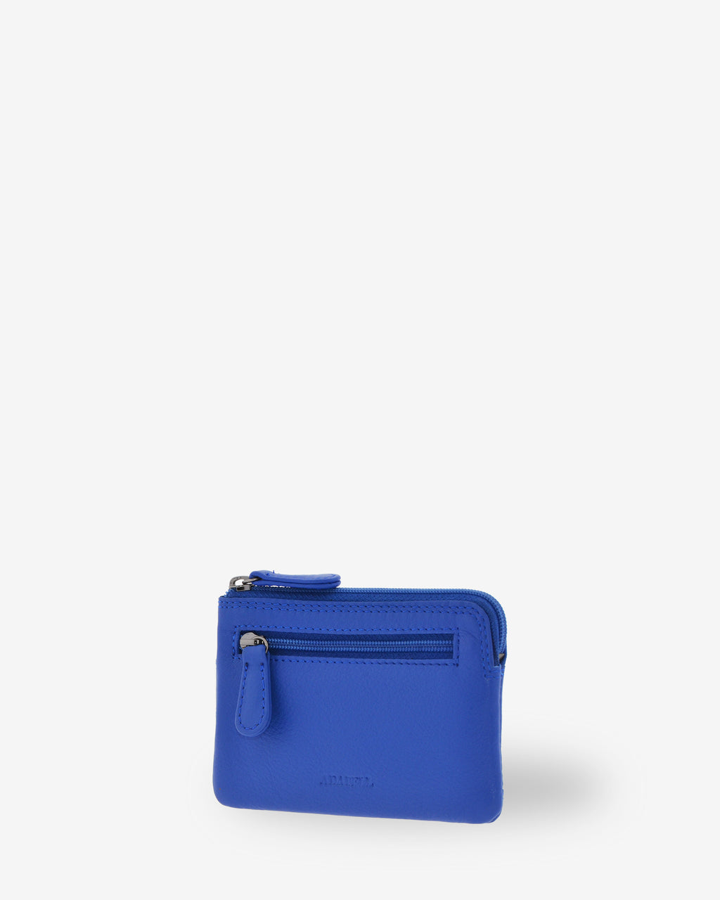 Monedero tarjetero 8036 en color azul cobalto, vista tres cuartos posterior con bolsillo exterior con cremallera.