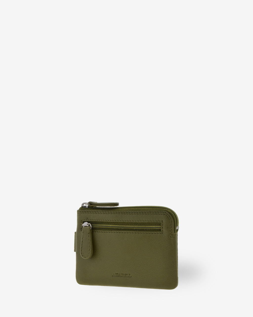 Monedero tarjetero 8036 en color bosque, vista tres cuartos posterior con bolsillo exterior con cremallera.
