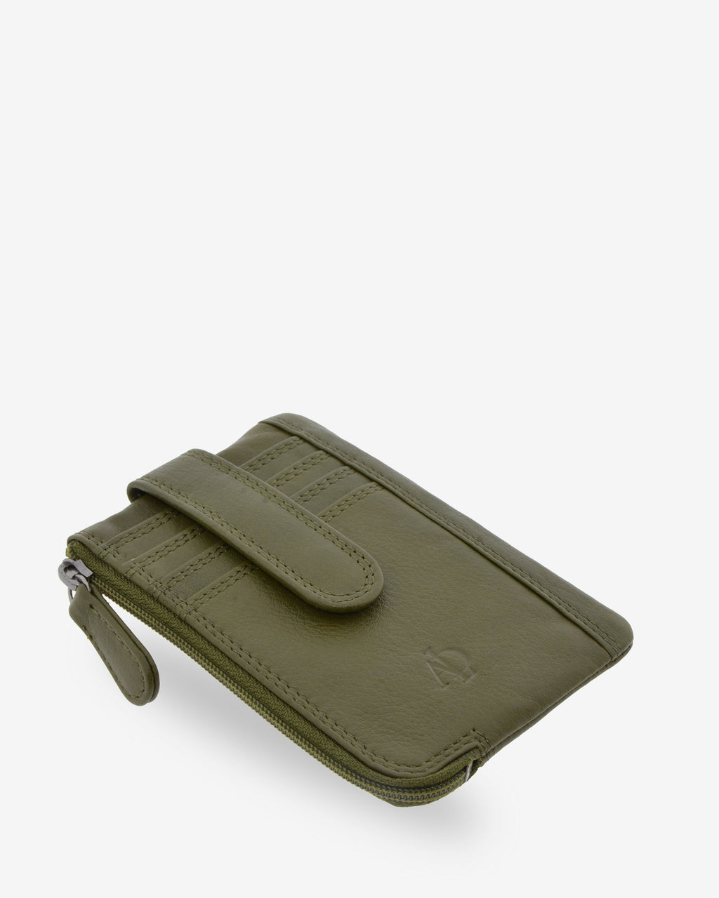 Monedero tarjetero 8036 en color bosque, vista tres cuartos superior con compartimentos para tarejetas y cierre con solapa