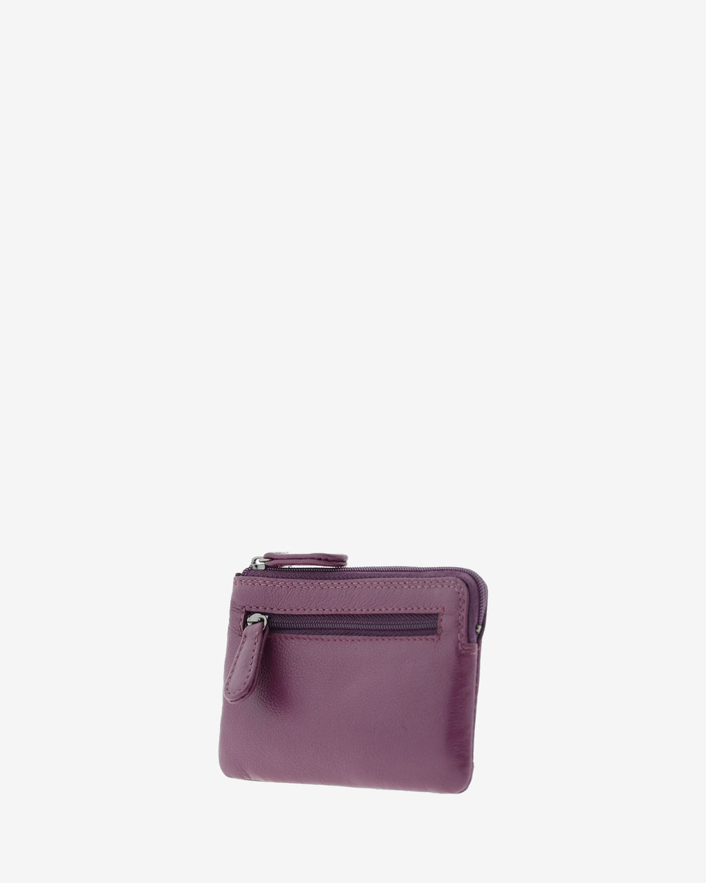 Monedero tarjetero 8036 en color lila, vista tres cuartos posterior con bolsillo exterior con cremallera.