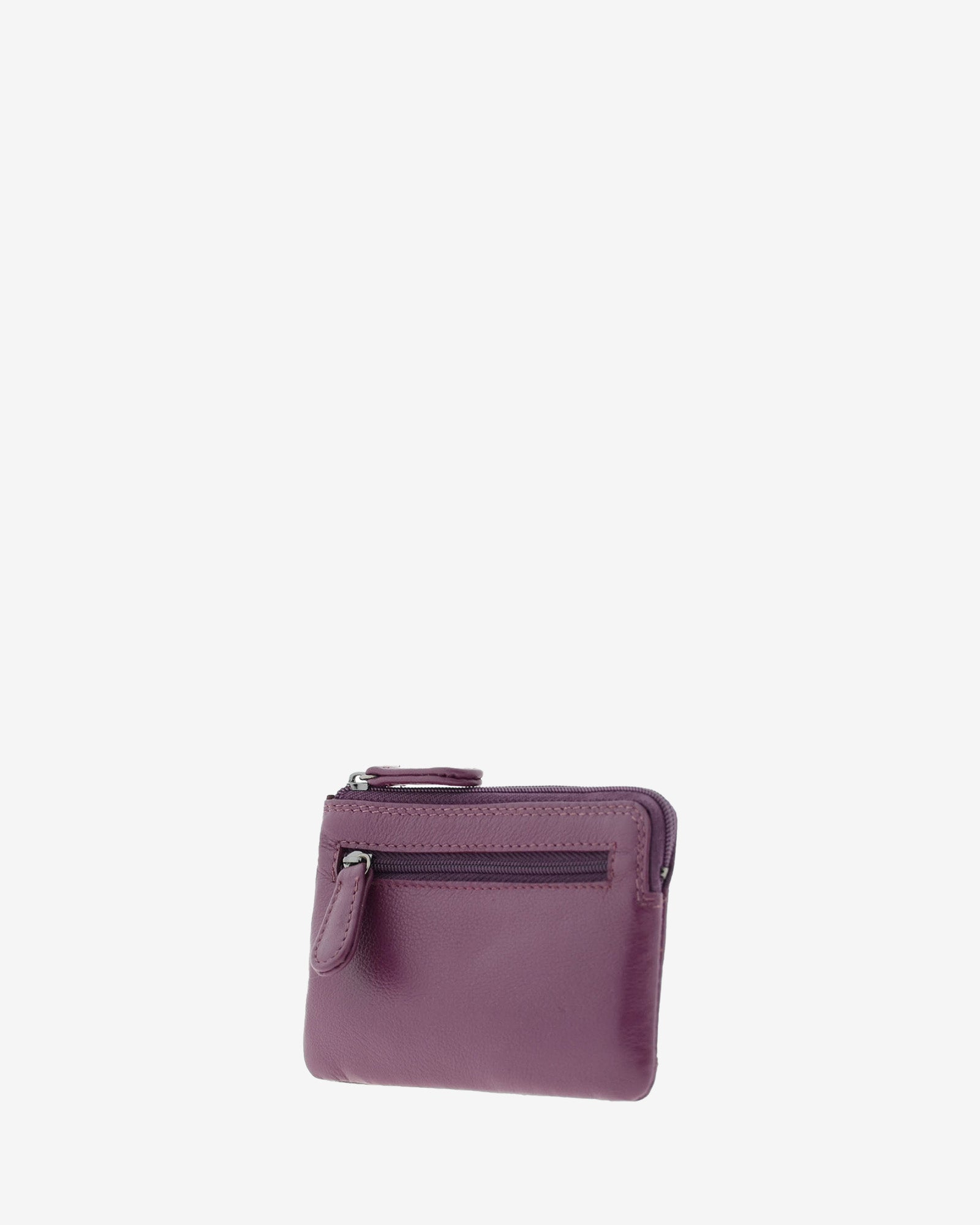 Monedero tarjetero 8036 en color lila, vista tres cuartos posterior con bolsillo exterior con cremallera.