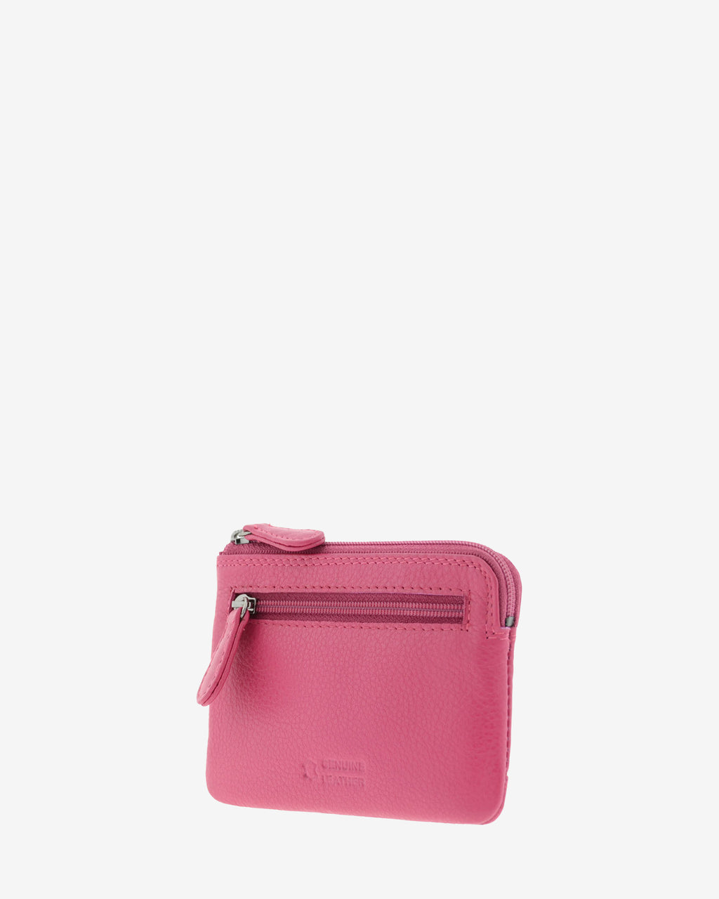 Monedero tarjetero 8036 en color magenta, vista tres cuartos posterior con bolsillo exterior con cremallera.