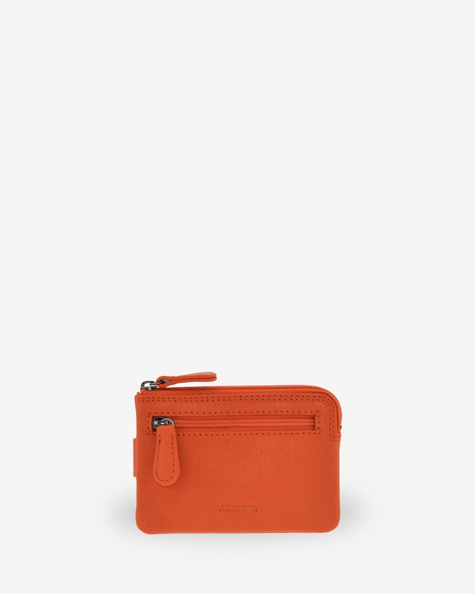 Monedero tarjetero 8036 en color mandarina, vista posterior con bolsillo exterior con cremallera.