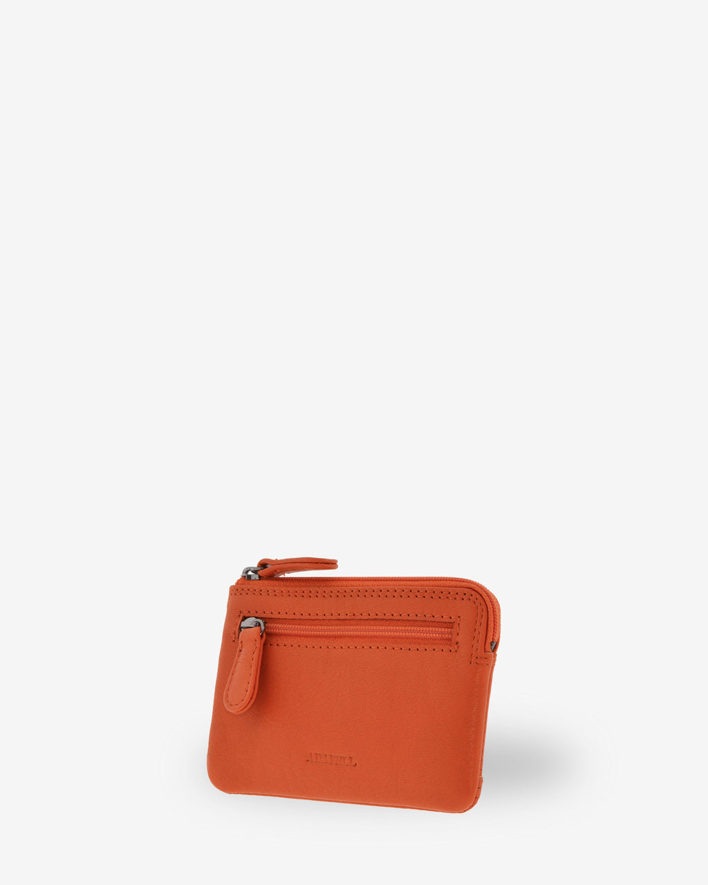 Monedero tarjetero 8036 en color mandarina, vista tres cuartos posterior con bolsillo exterior con cremallera.