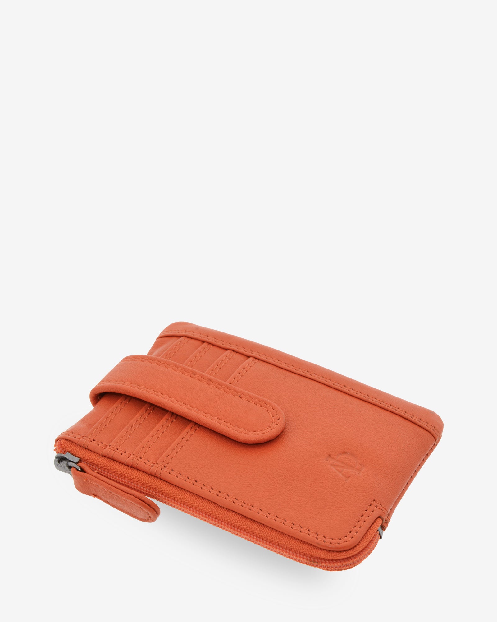 Monedero tarjetero 8036 en color mandarina, vista tres cuartos superior.