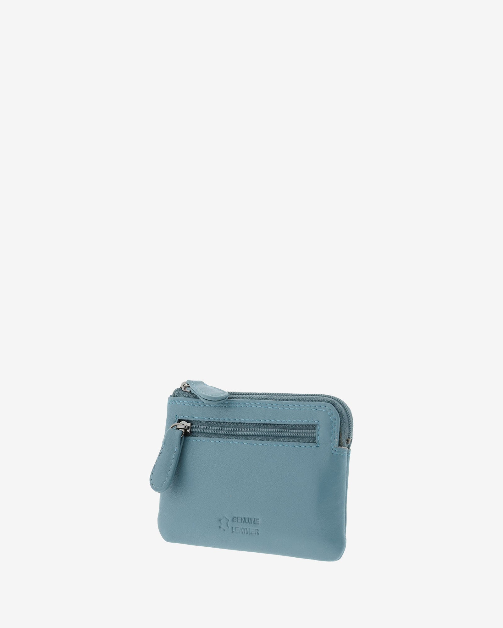 Monedero tarjetero 8036 en color mar, vista tres cuartos posterior con bolsillo exterior con cremallera.