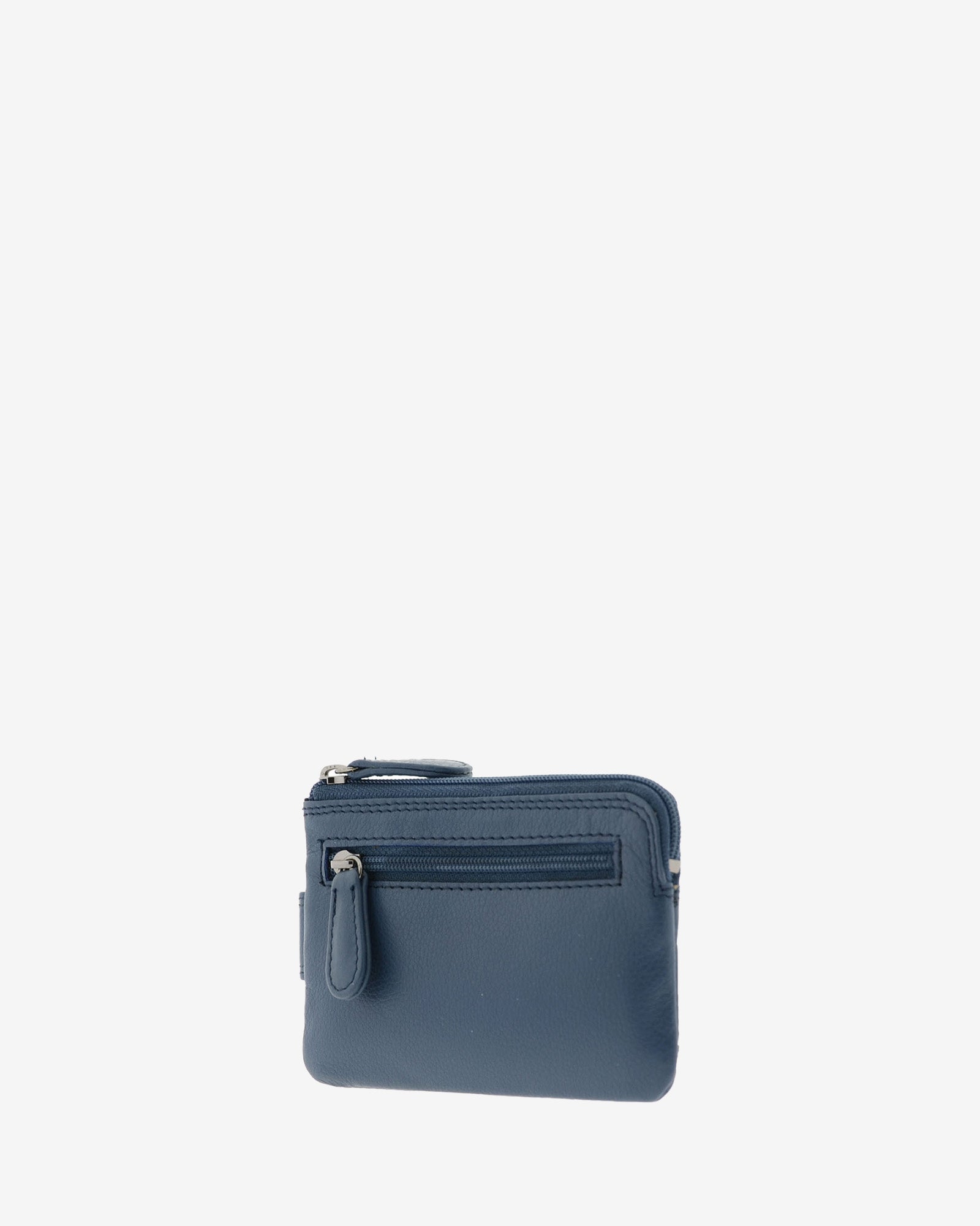 Monedero tarjetero 8036 en color marino, vista tres cuartos posterior con bolsillo exterior con cremallera.