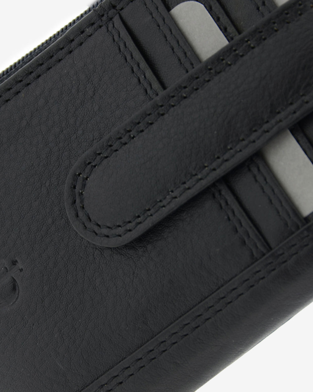 Detalle de la piel, la lengüeta, las costuras y las ranuras para tarjetas del monedero tarjetero 8036 en color negro.