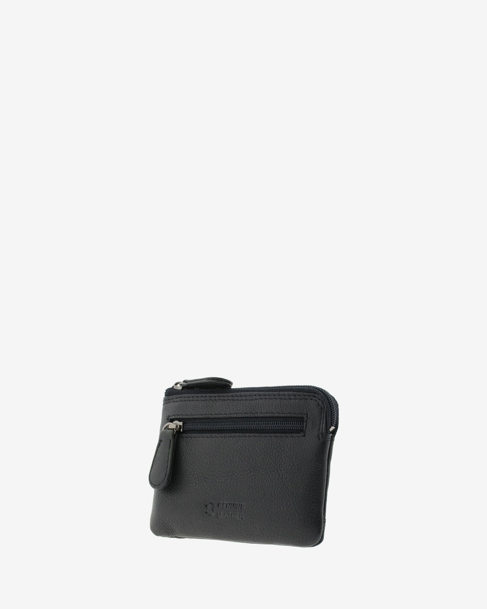 Monedero tarjetero 8036 en color negro, vista tres cuartos posterior con bolsillo exterior con cremallera.