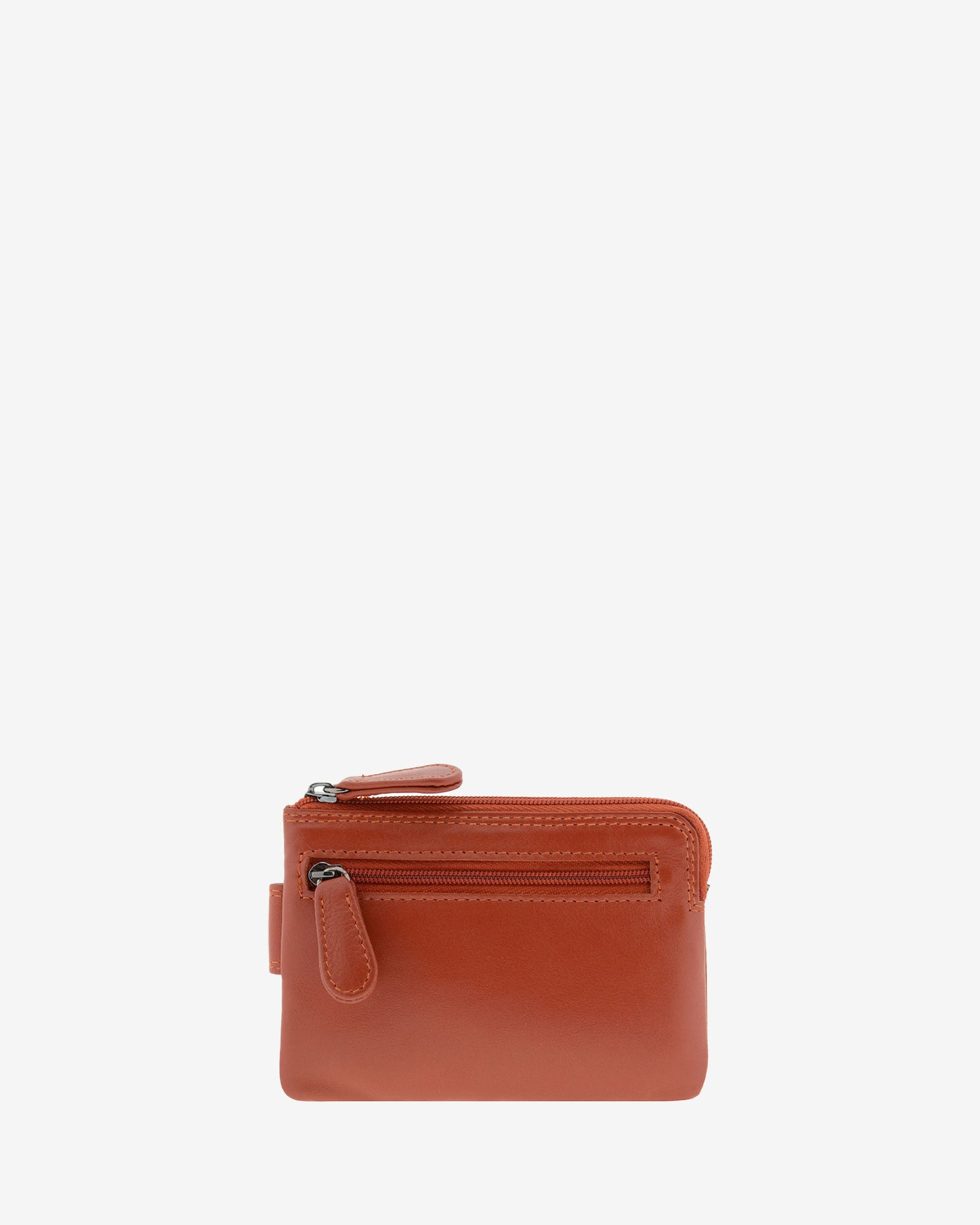 Monedero tarjetero 8036 en color teja, vista posterior con bolsillo exterior con cremallera.