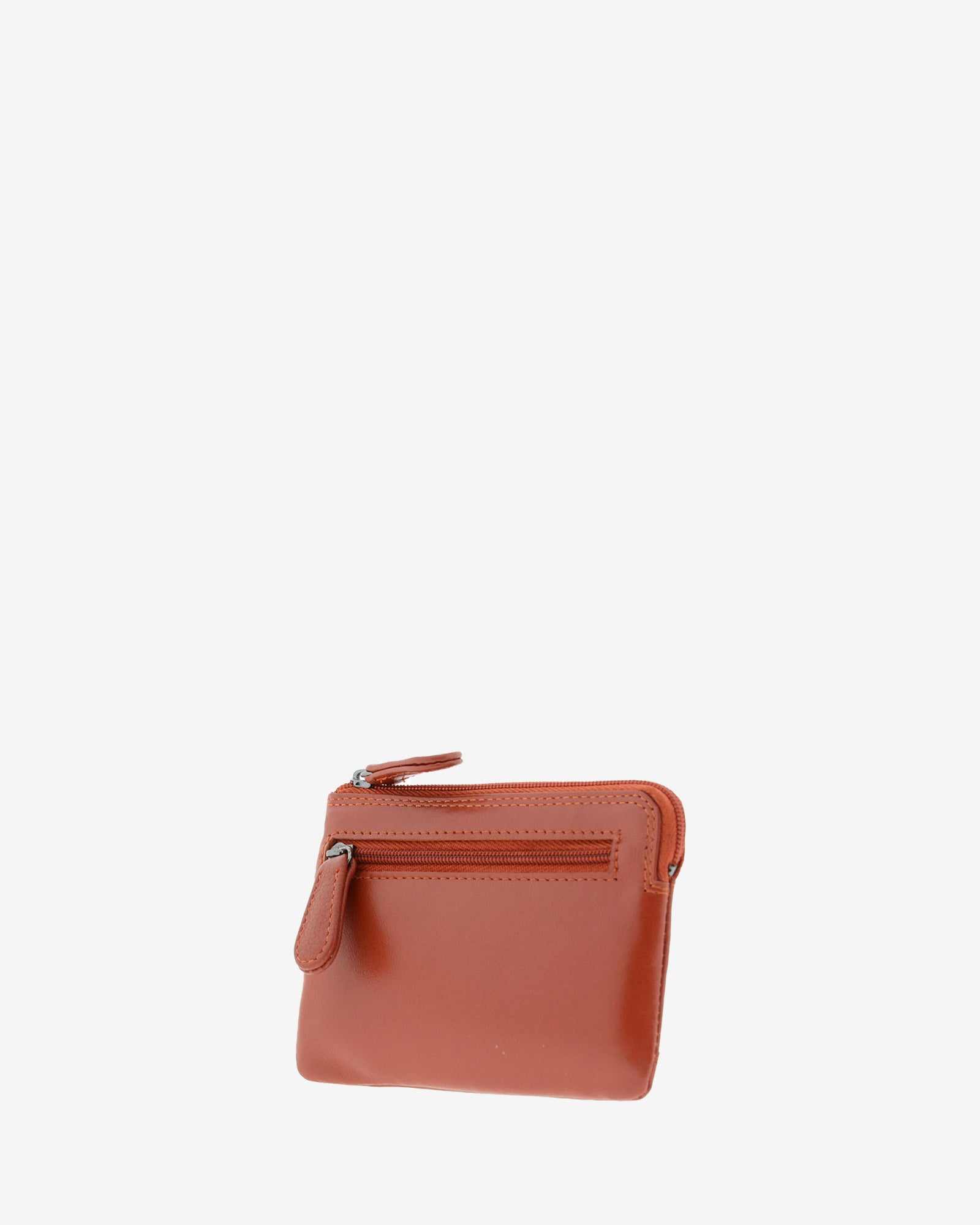 Monedero tarjetero 8036 en color teja, vista tres cuartos posterior con bolsillo exterior con cremallera.