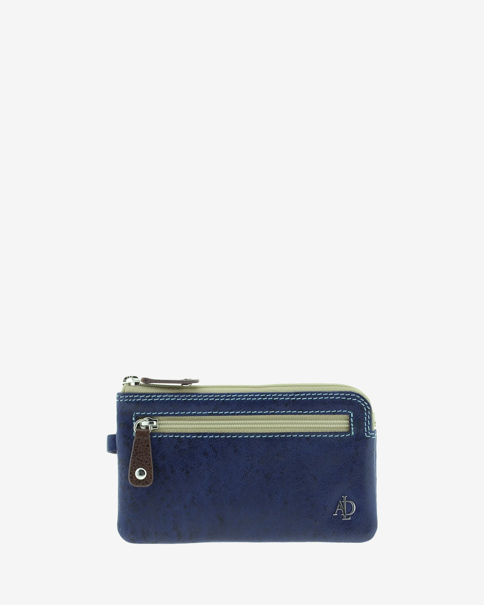 Monedero fino de piel marino 8053-V, vista frontal, con bolsillo frontal con cremallera y logo metálico.