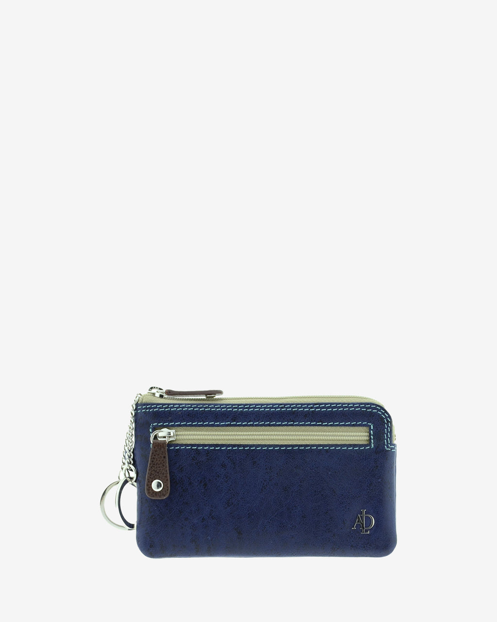 Monedero fino de piel marino 8053-V, vista frontal con doble aro para llaves, bolsillo frontal con cremallera y logo metálico.