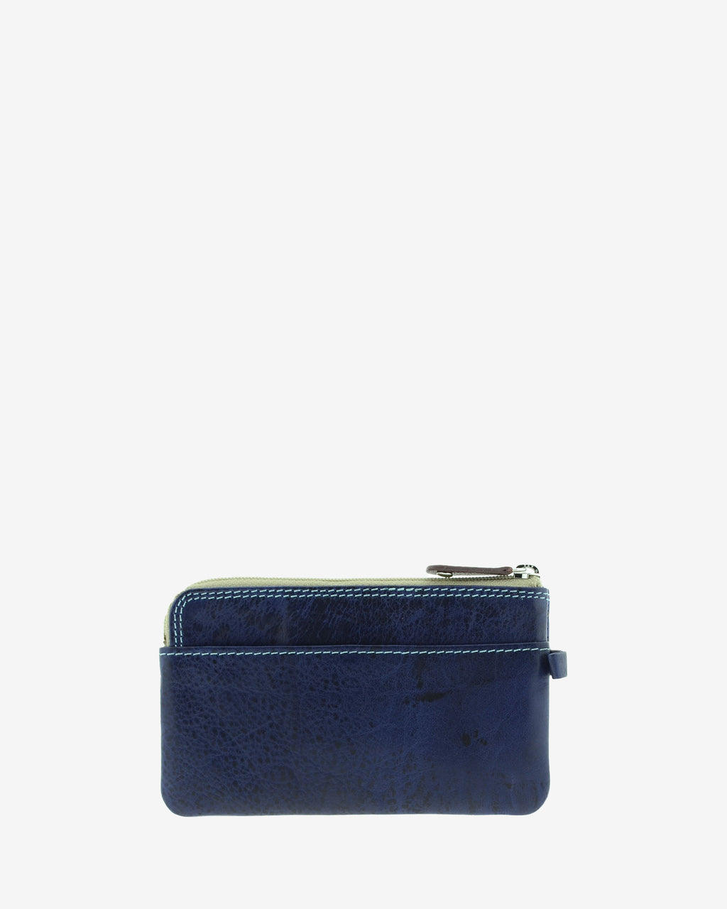 Monedero fino de piel marino 8053-V, vista posterior, con bolsillo exterior abierto.