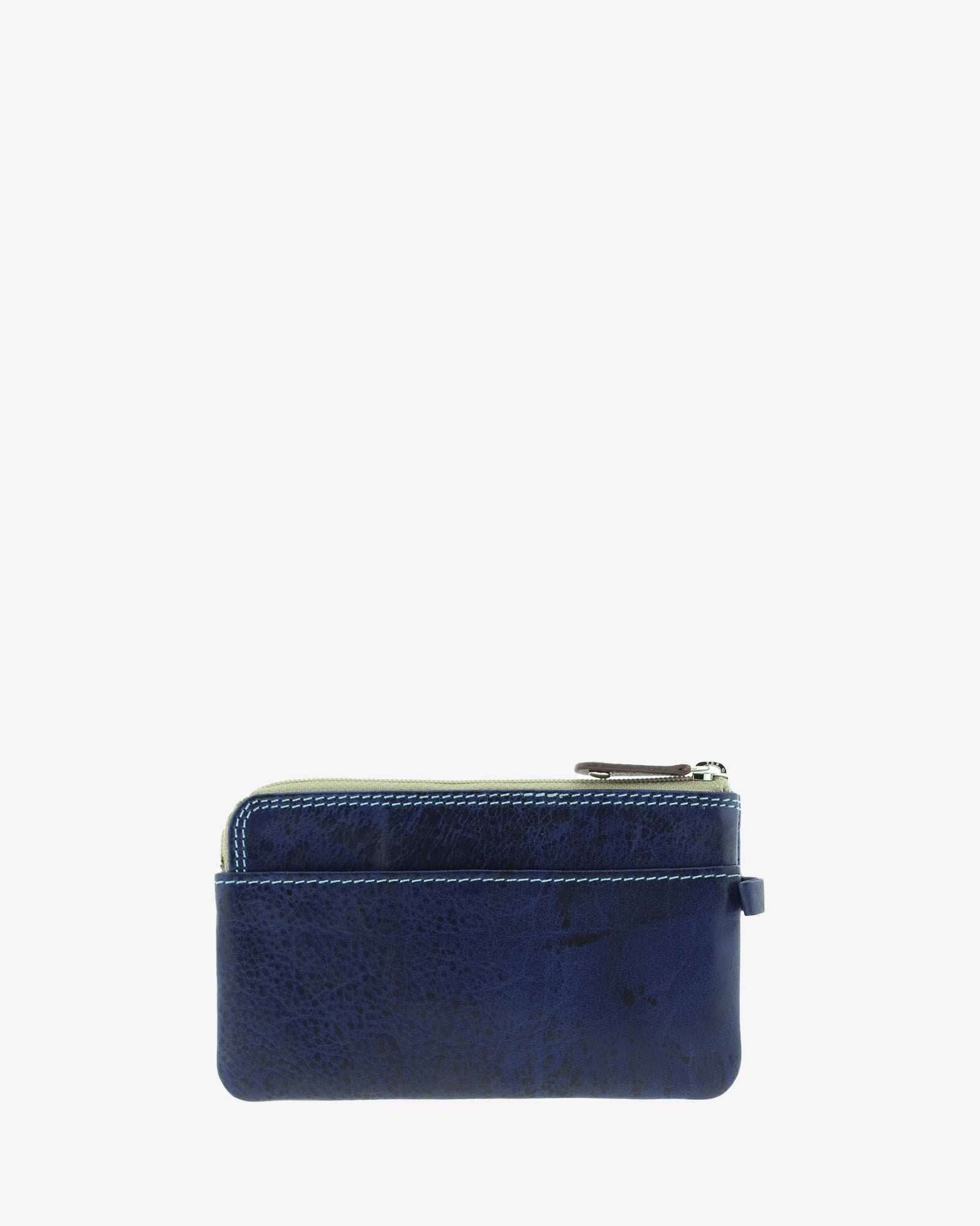 Monedero fino de piel marino 8053-V, vista posterior, con bolsillo exterior abierto.
