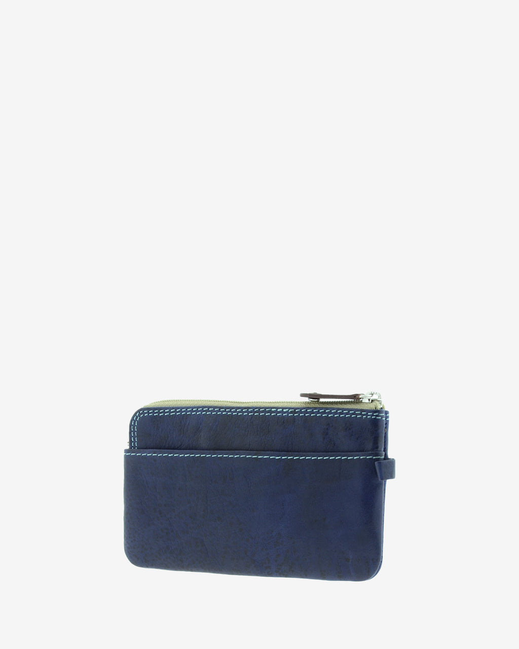 Monedero fino de piel marino 8053-V, vista tres cuartos posterior, con bolsillo exterior abierto.