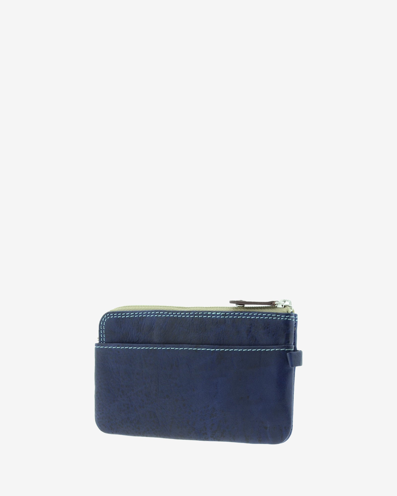 Monedero fino de piel marino 8053-V, vista tres cuartos posterior, con bolsillo exterior abierto.