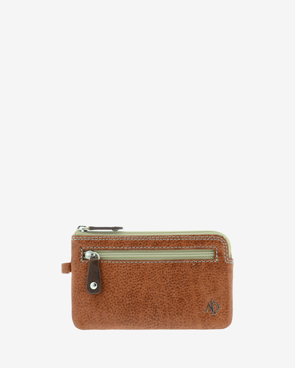 Monedero fino de piel marrón 8053-V, vista frontal, con bolsillo frontal con cremallera y logo metálico.