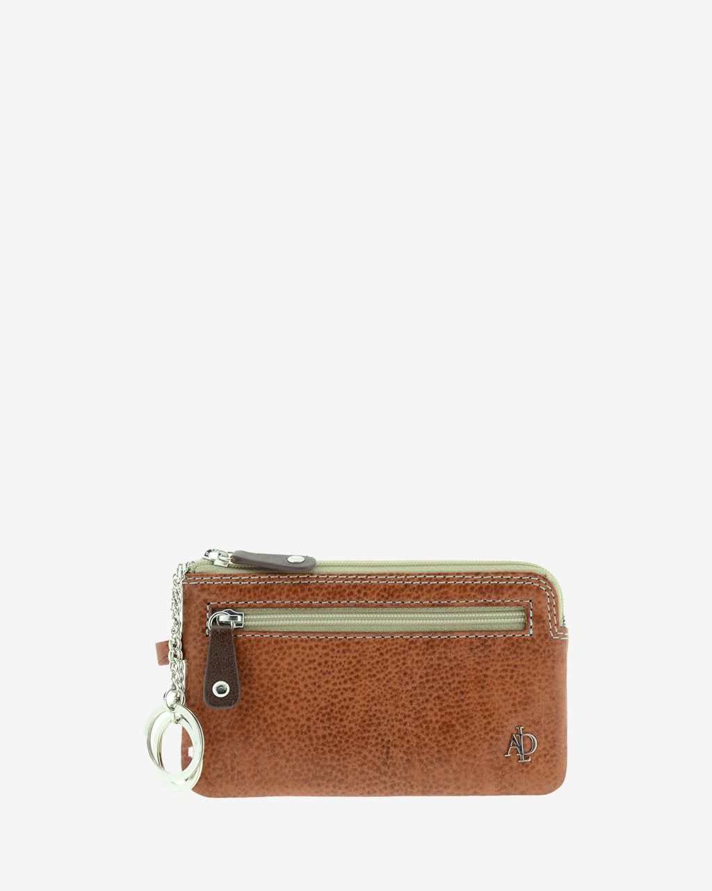 Monedero fino de piel marrón 8053-V, vista frontal con doble aro para llaves, bolsillo frontal con cremallera y logo metálico.