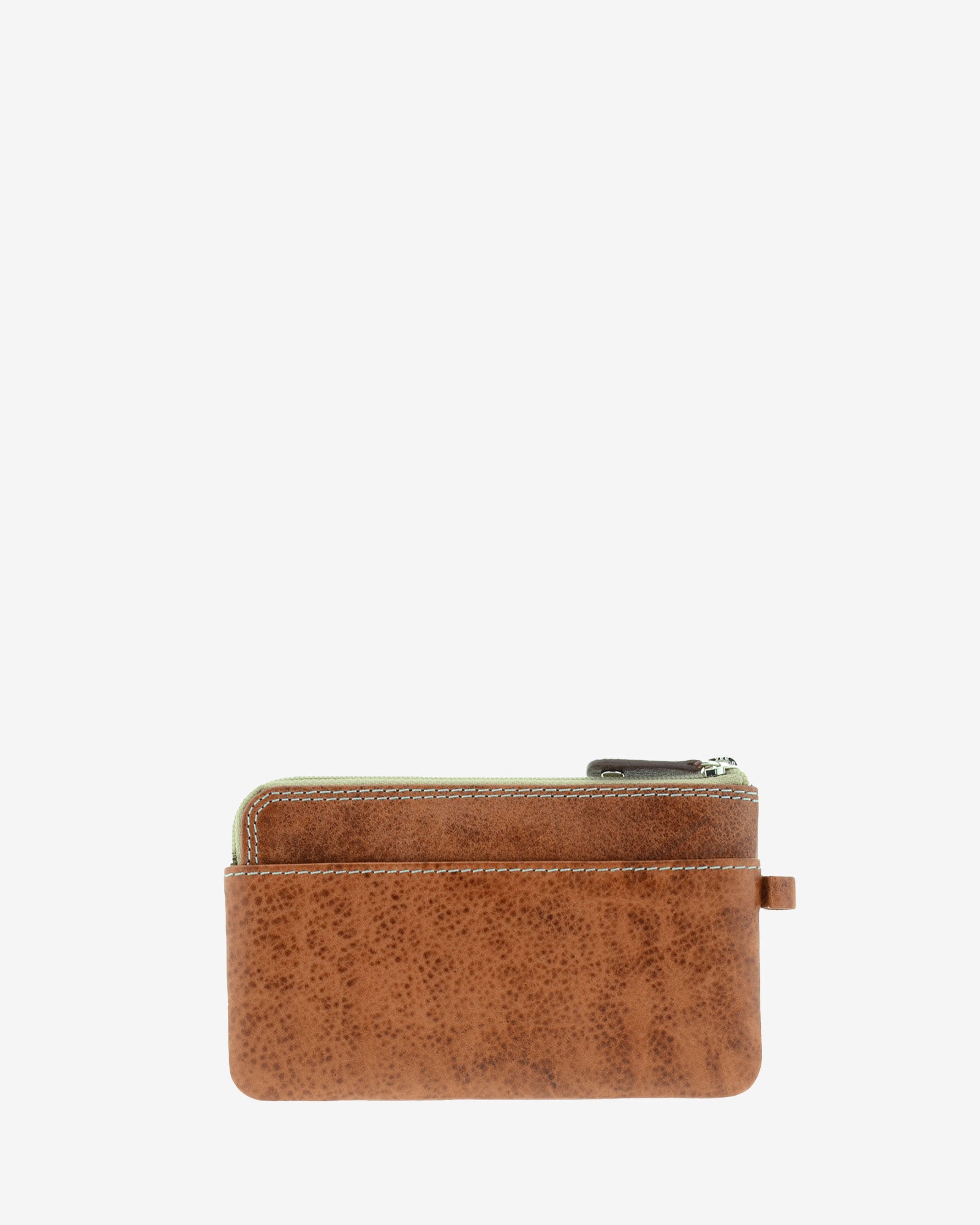 Monedero fino de piel marrón 8053-V, vista posterior, con bolsillo exterior abierto.