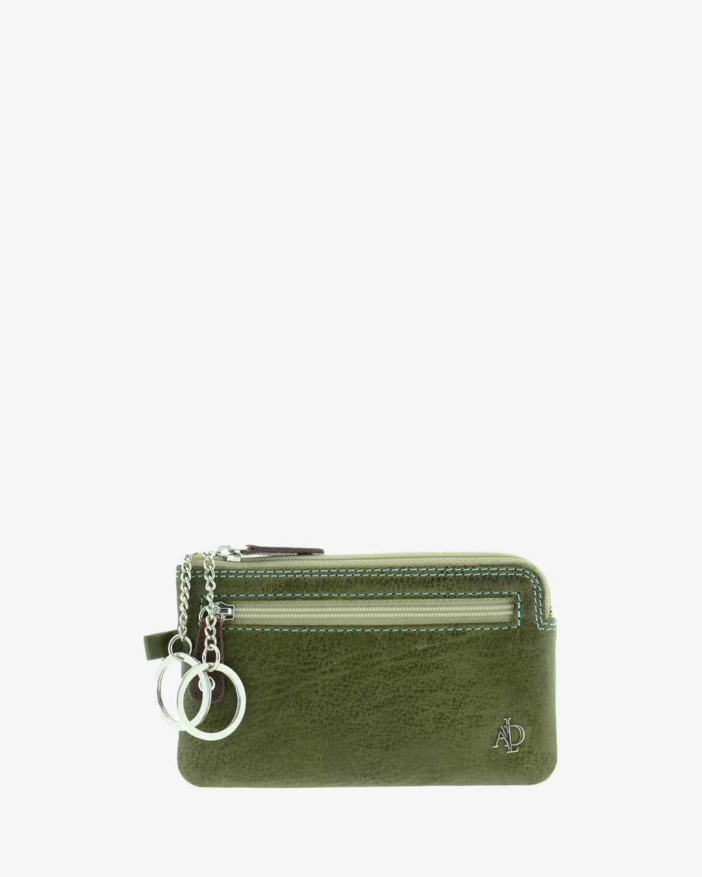 Monedero fino de piel verde 8053-V, vista frontal con doble aro para llaves, bolsillo frontal con cremallera y logo metálico.