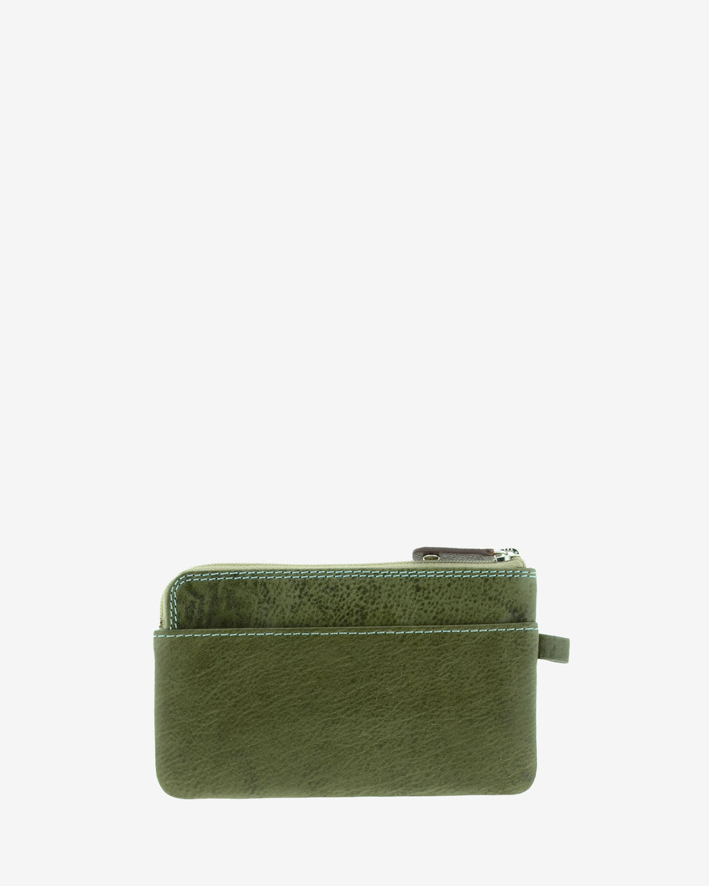 Monedero fino de piel verde 8053-V, vista posterior, con bolsillo exterior abierto.