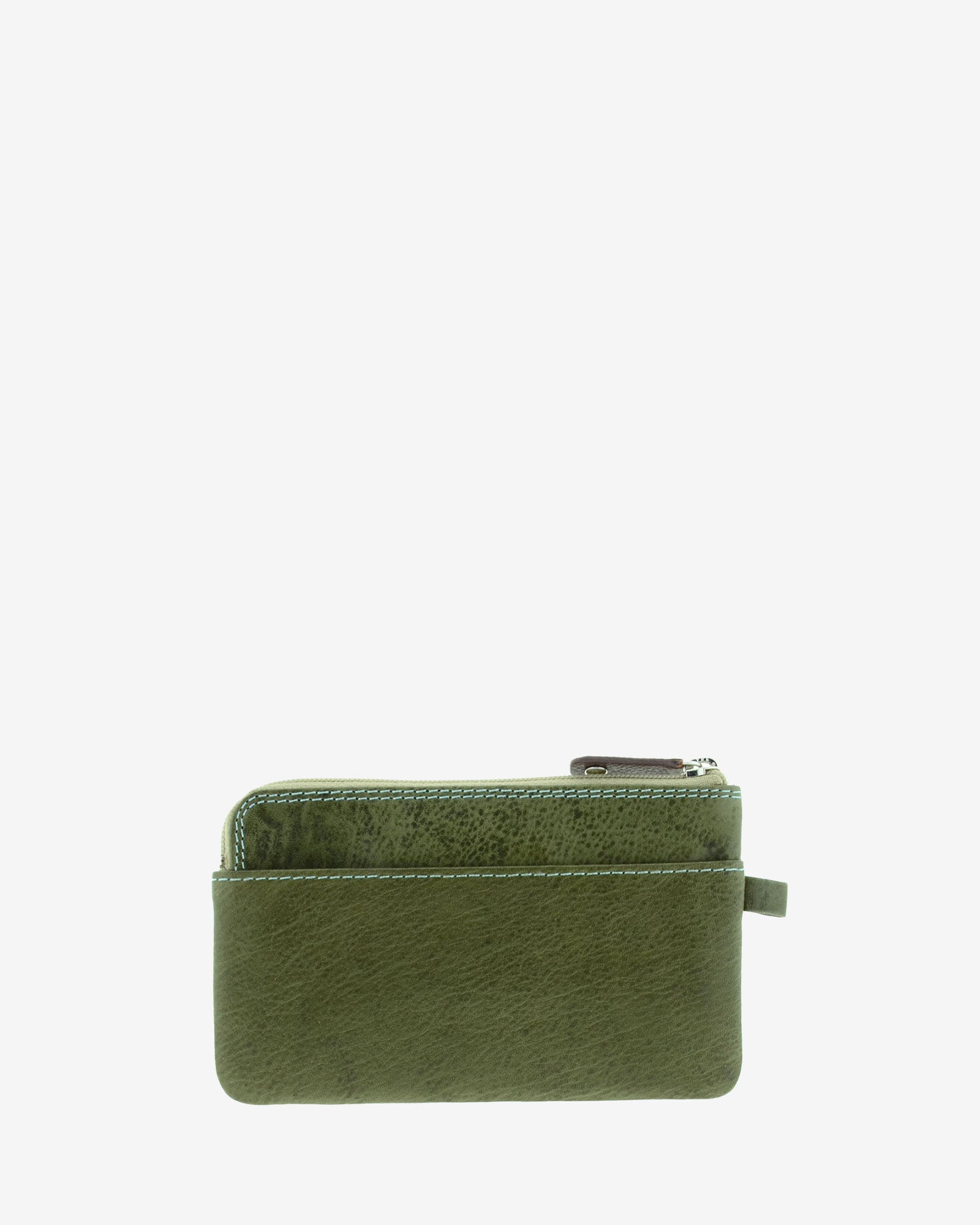Monedero fino de piel verde 8053-V, vista posterior, con bolsillo exterior abierto.