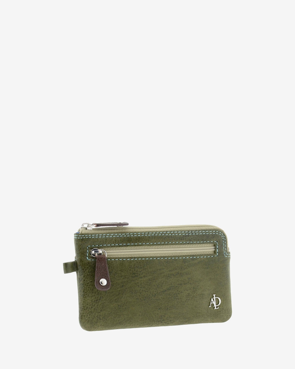 Monedero fino de piel verde 8053-V, vista tres cuartos frontal, con bolsillo frontal con cremallera y logo metálico.