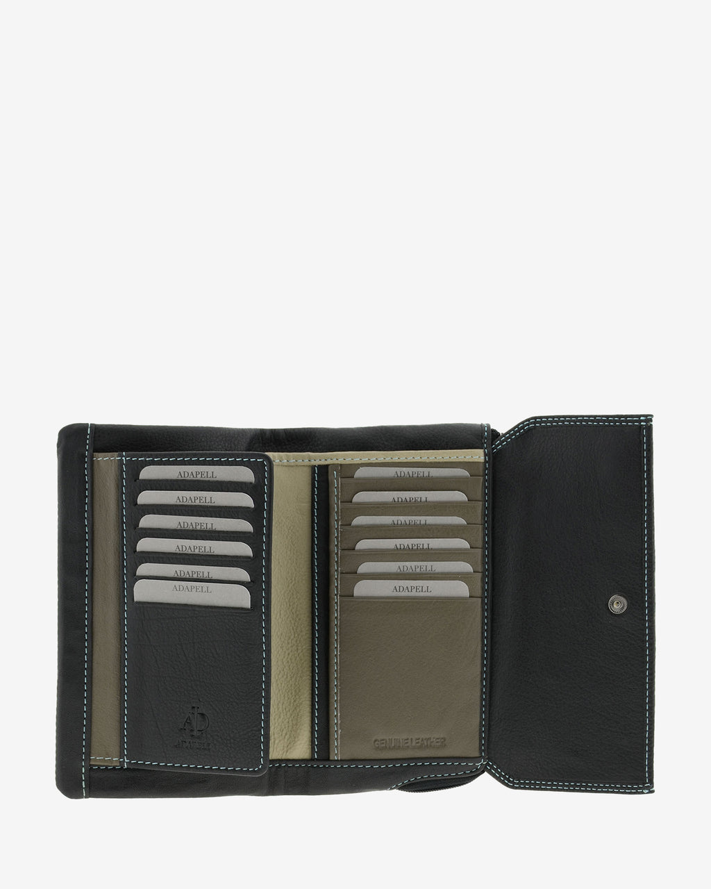 Cartera grande 4163 en color negro, interior abierto con múltiples ranuras para tarjetas