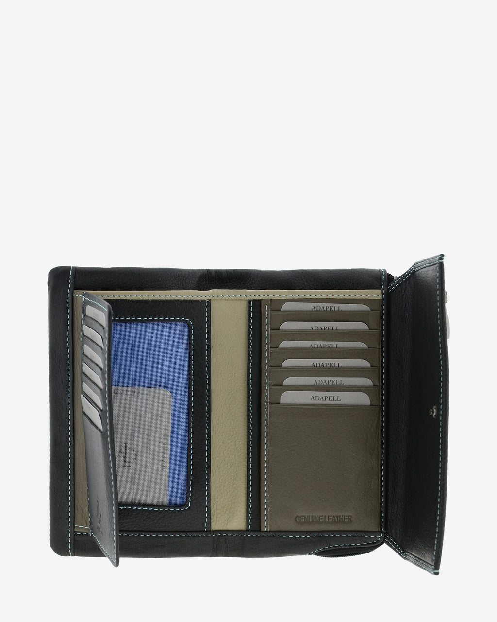 Cartera grande 4163 en color negro, interior desplegado con ranuras para tarjetas y ventana ID
