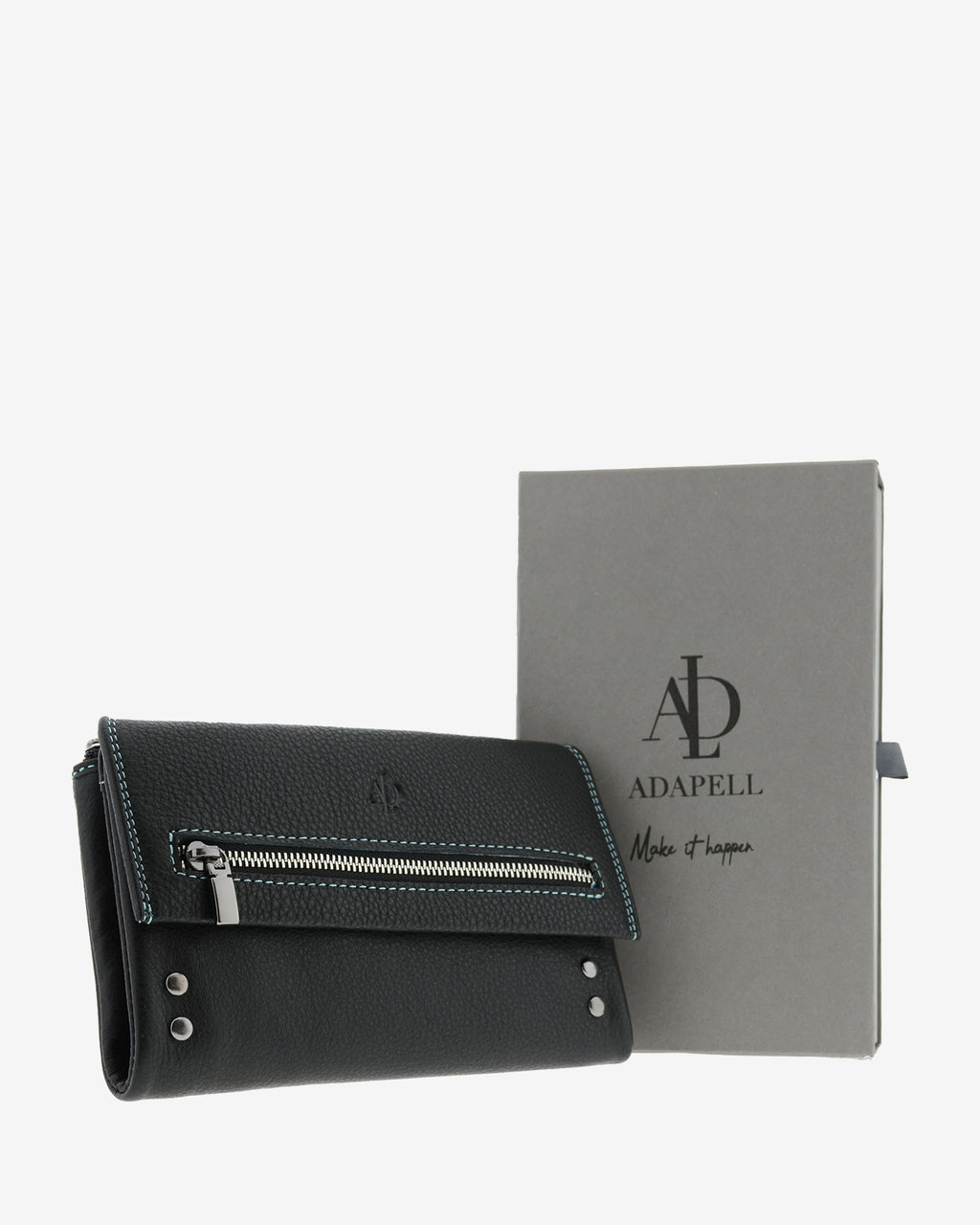 Cartera grande 4163 en color negro, vista frontal junto a caja Adapell