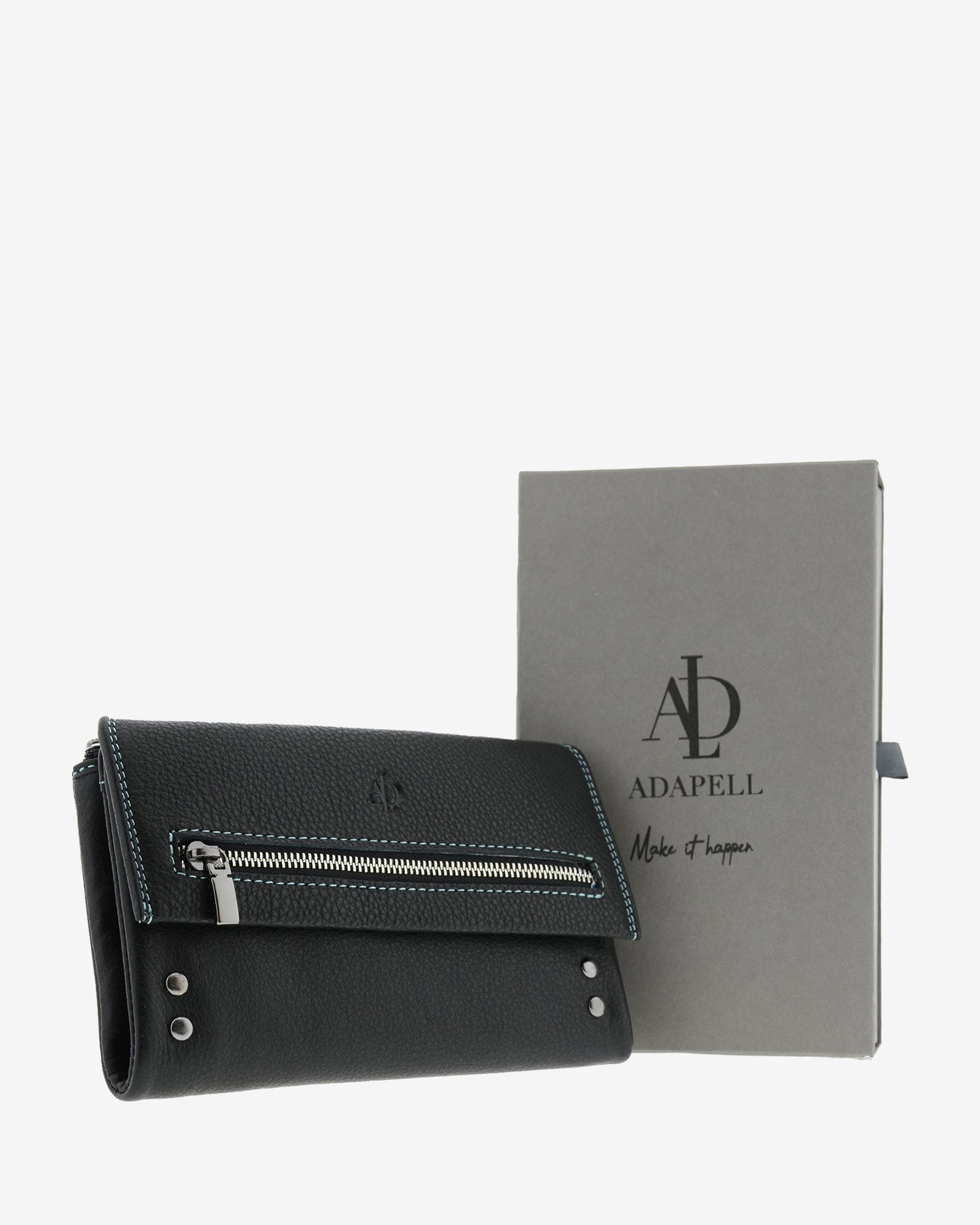 Cartera grande 4163 en color negro, vista frontal junto a caja Adapell