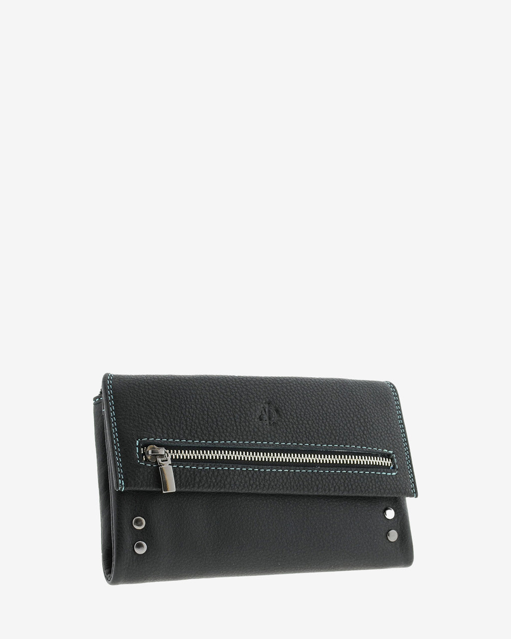 Cartera grande 4163 en color negro, vista tres cuartos frontal con cremallera exterior y detalles metálicos