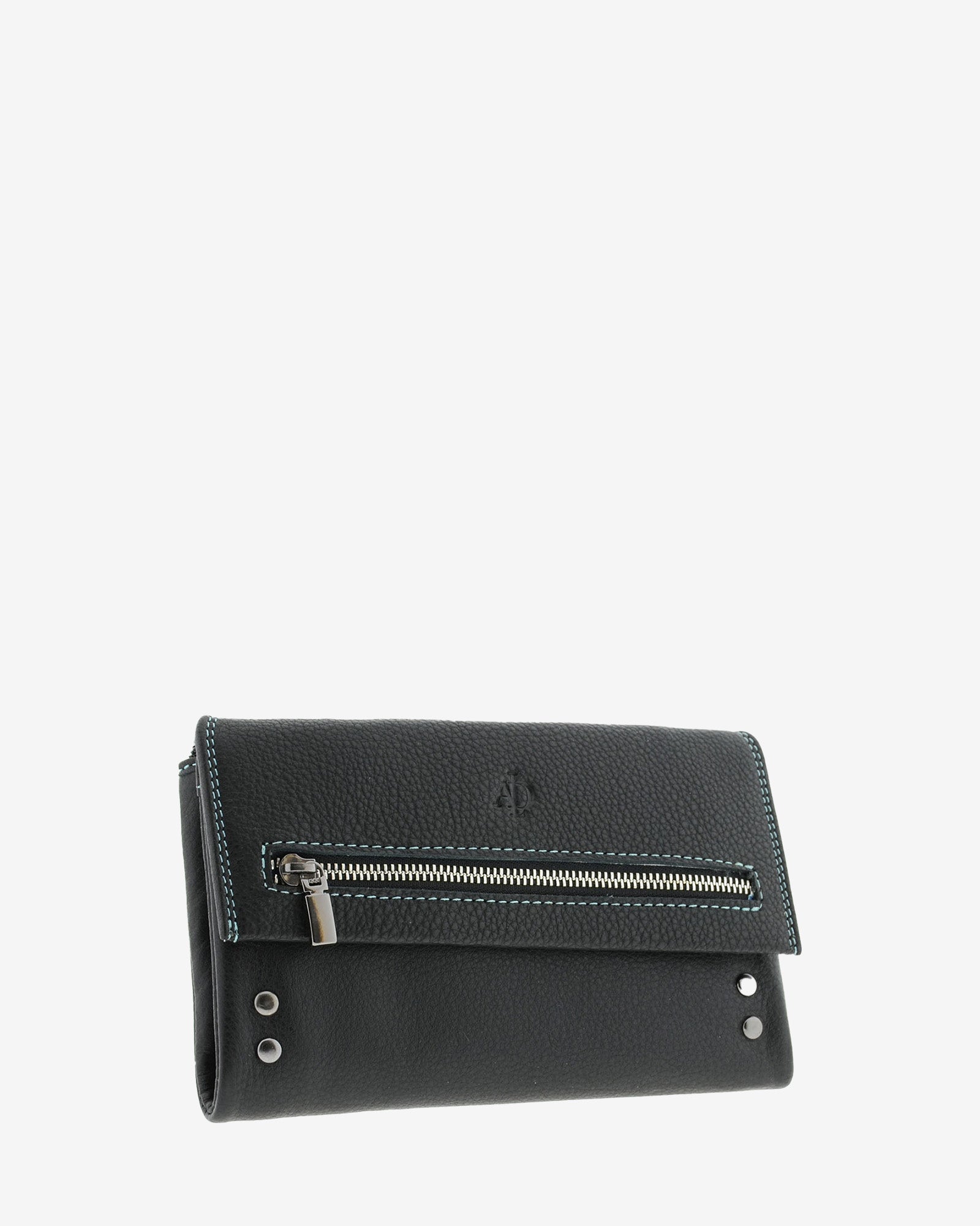 Cartera grande 4163 en color negro, vista tres cuartos frontal con cremallera exterior y detalles metálicos