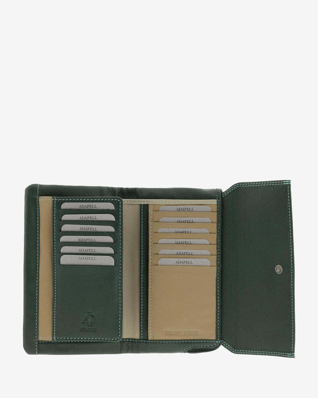 Cartera grande 4163 en color verde, interior abierto con múltiples ranuras para tarjetas
