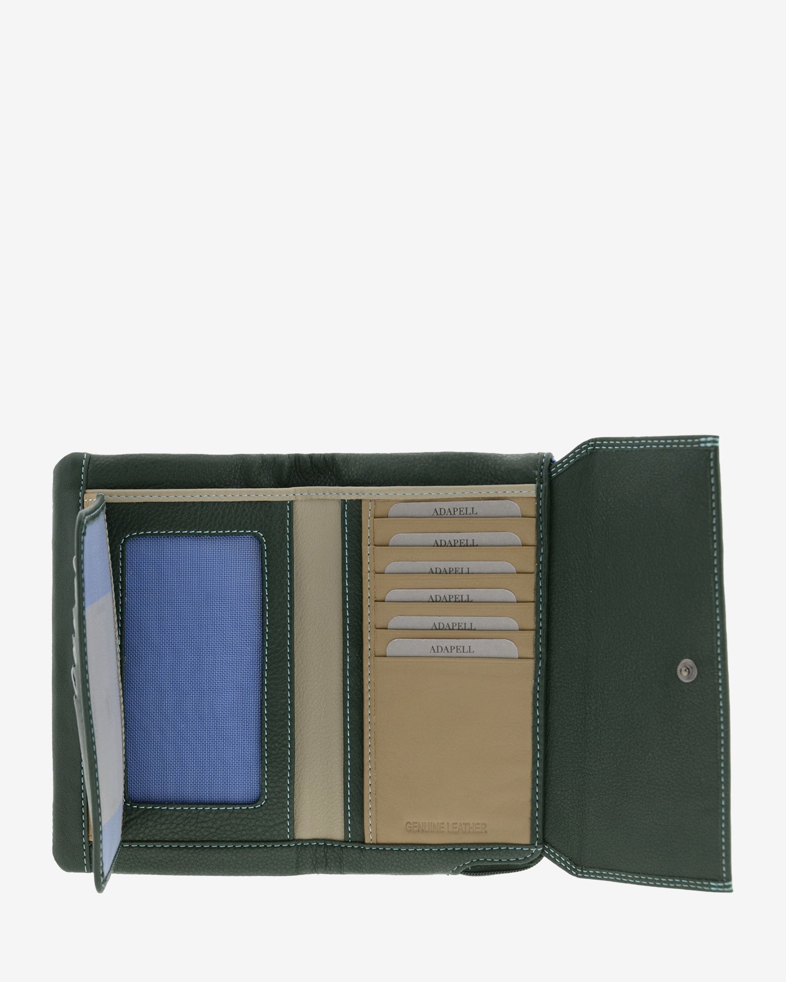 Cartera grande 4163 en color verde, interior desplegado con ranuras para tarjetas y ventana ID