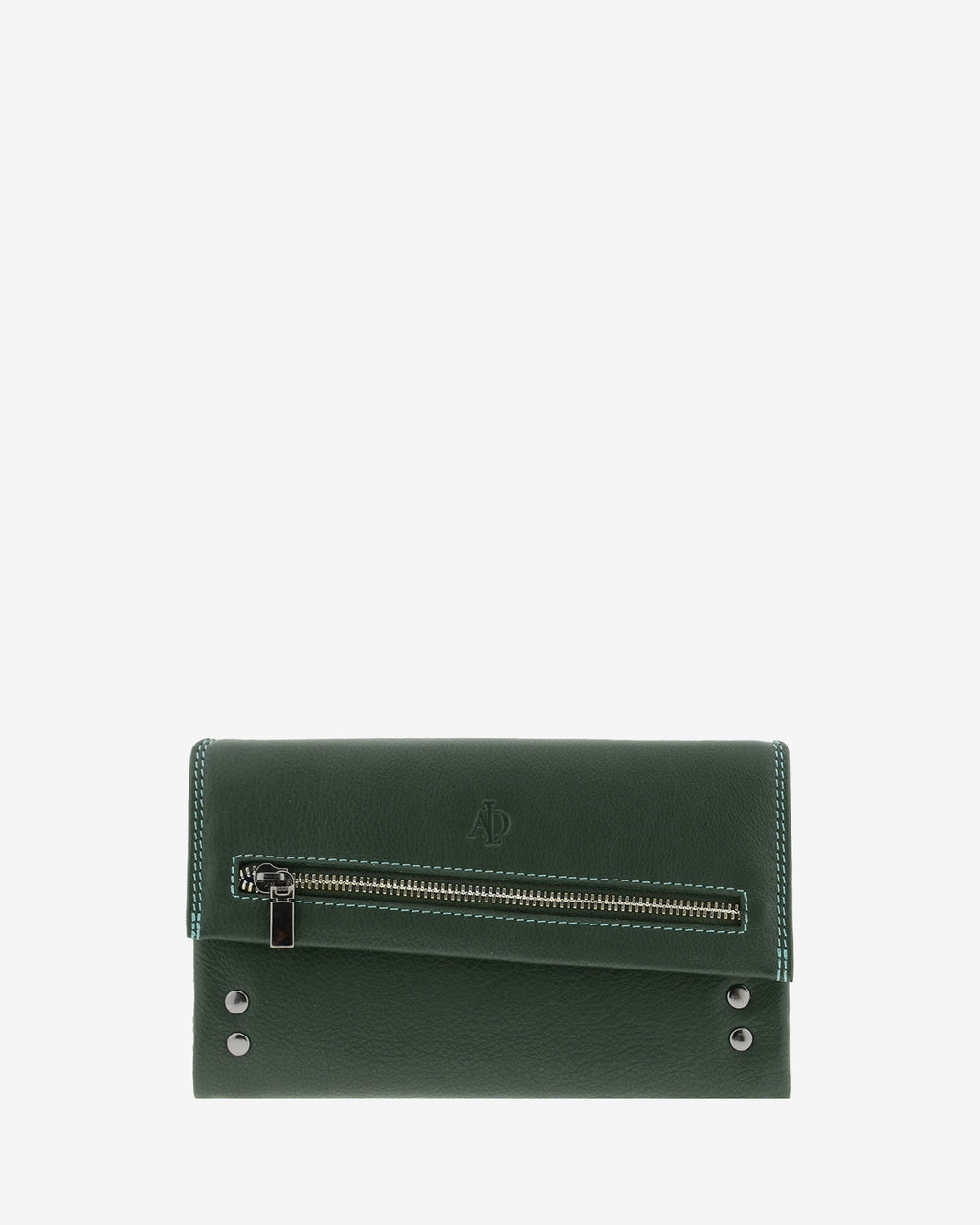 Cartera grande 4163 en color verde, vista frontal con cremallera exterior y detalles metálicos