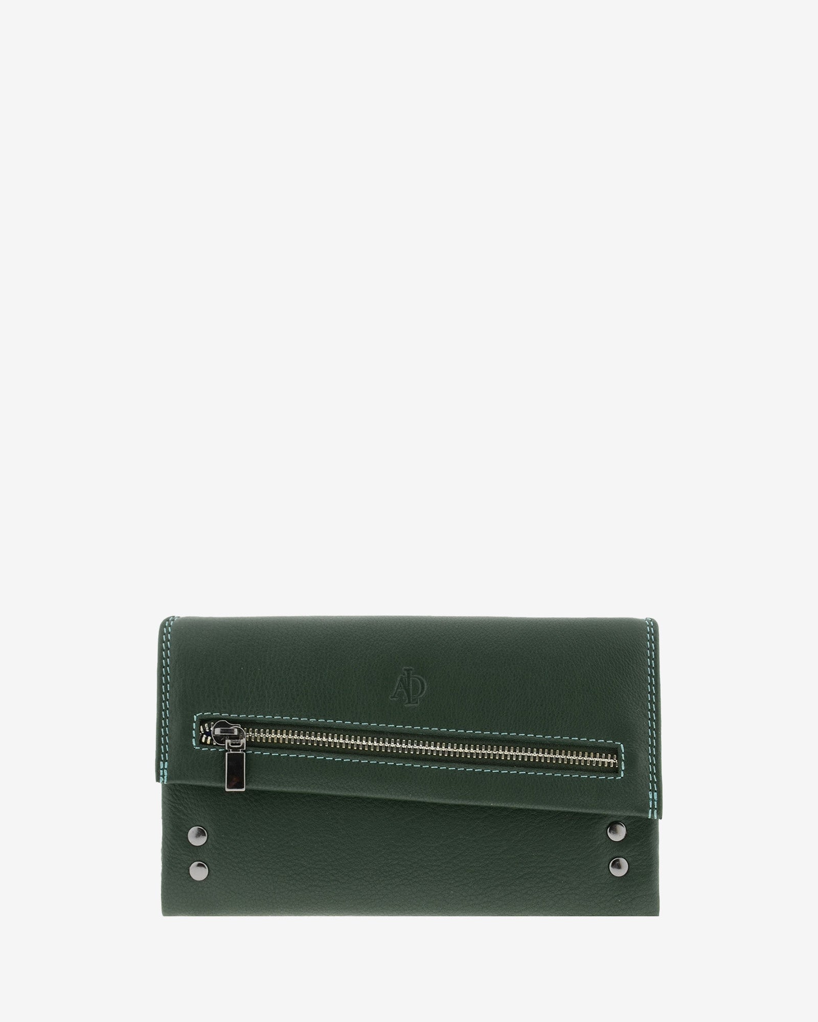 Cartera grande 4163 en color verde, vista frontal con cremallera exterior y detalles metálicos