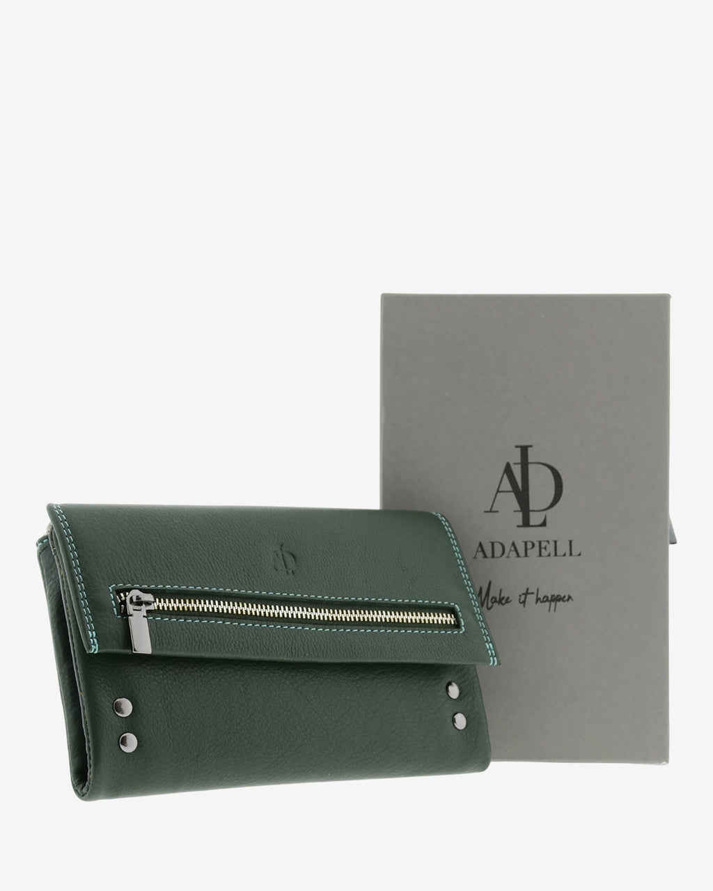 Cartera grande 4163 en color verde, vista frontal junto a caja Adapell