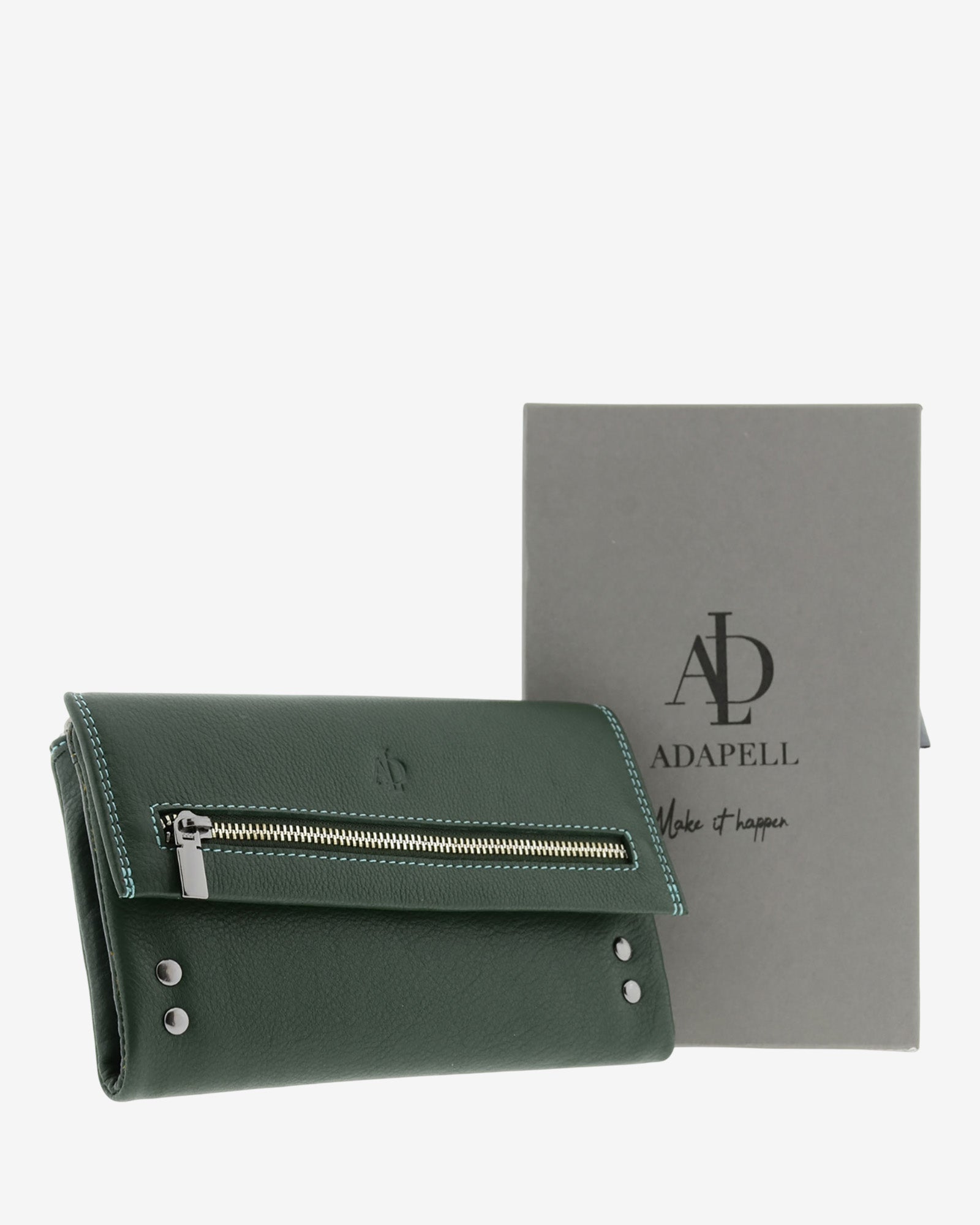 Cartera grande 4163 en color verde, vista frontal junto a caja Adapell