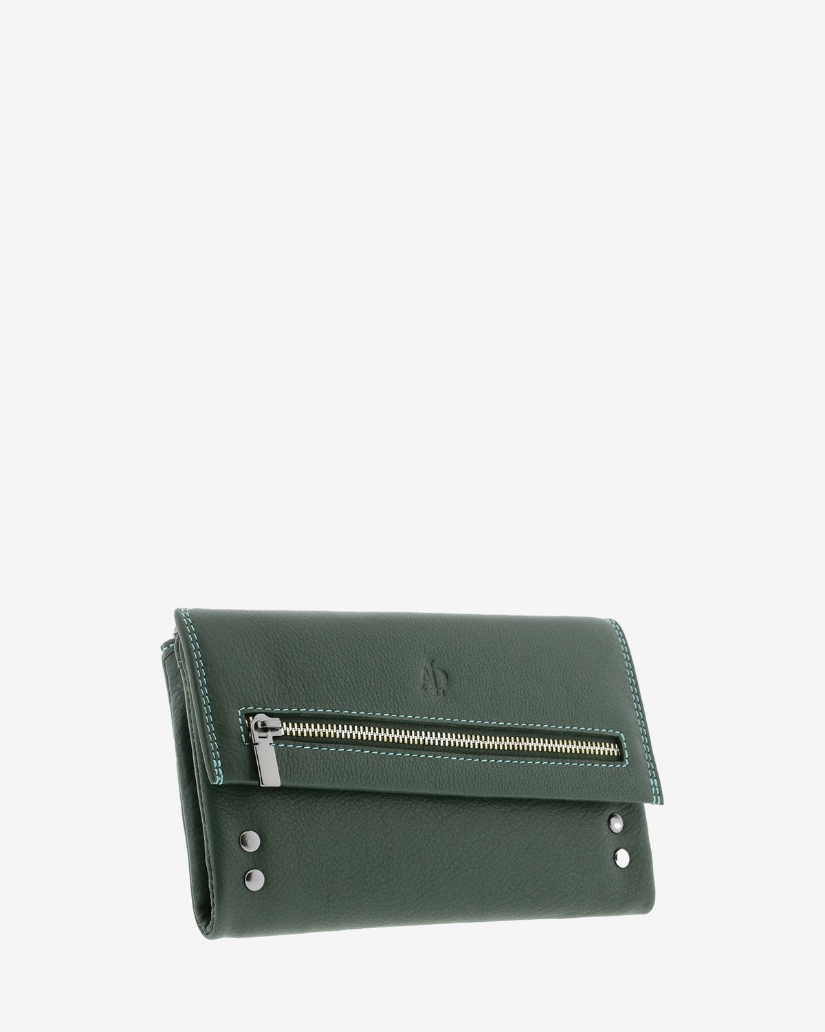 Cartera grande 4163 en color verde, vista tres cuartos frontal con cremallera exterior y detalles metálicos