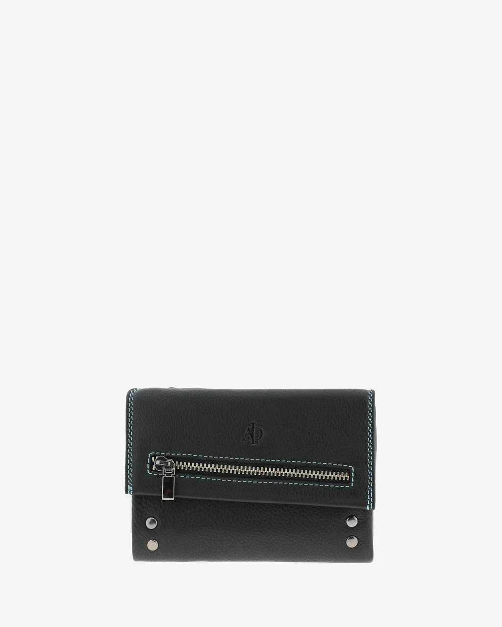 Cartera Adapell 4164 en color negro, vista frontal, con cremallera en la solapa y detalles metálicos plateados