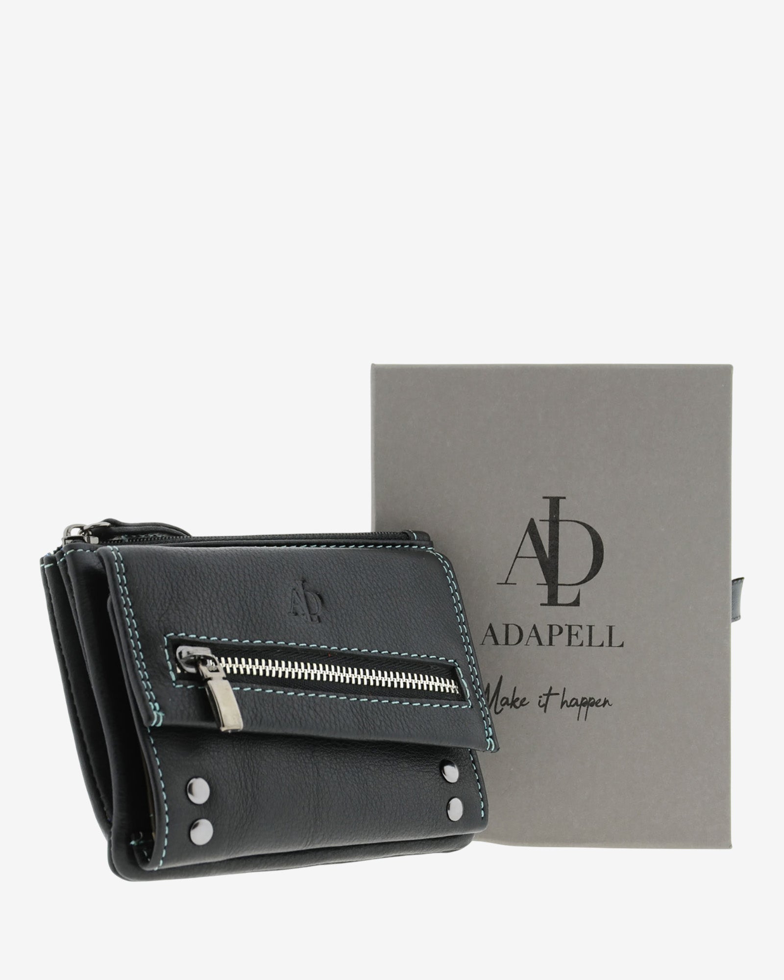 Cartera pequeña de mujer 4165 en negro junto a caja Adapell