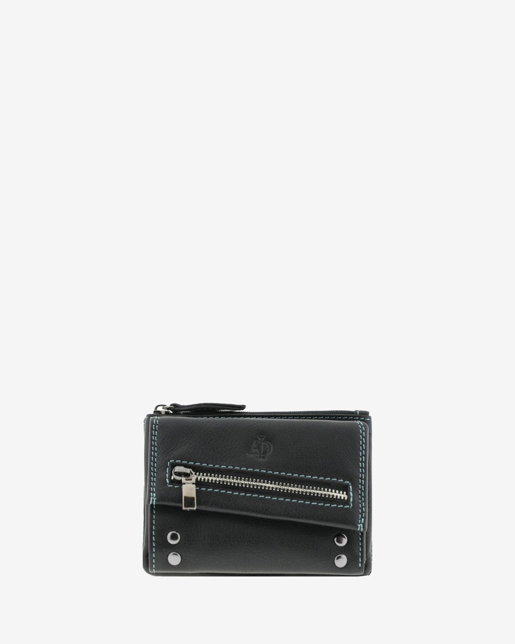 Cartera pequeña de mujer 4165 en negro, vista frontal con bolsillo exterior de cremallera