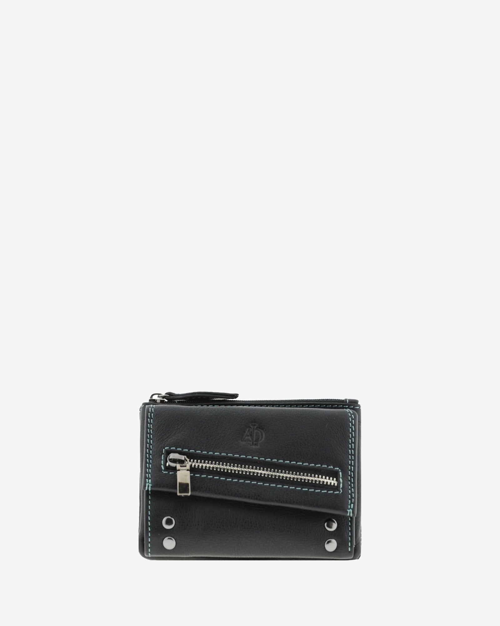Cartera pequeña de mujer 4165 en negro, vista frontal con bolsillo exterior de cremallera